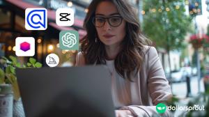 A woman in glasses looking at her laptop, with various AI company logos overlaid near the monitor.