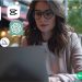 A woman in glasses looking at her laptop, with various AI company logos overlaid near the monitor.