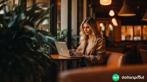 woman at laptop contemplating her spending habits