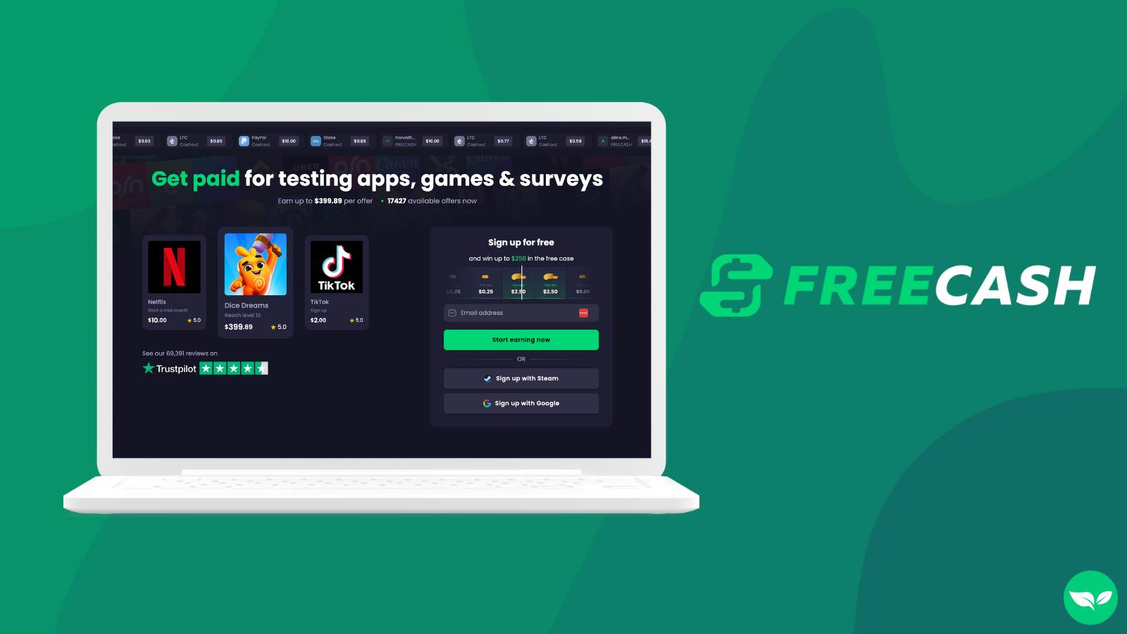 Laptop mockup showing FreeCash.com