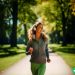 A woman walking through Central Park with headphones on and a smile on her face.