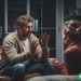 A husband talking with his hands, trying to get his wife on board with paying off their debt.