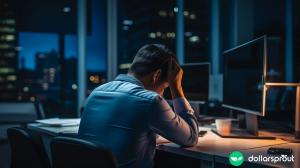 An overworked man sitting at his cubicle in the dark with his head in his hands.
