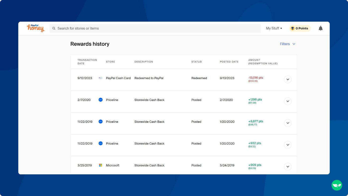 my paypal honey rewards history