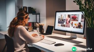 A woman working on her desktop computer creating a graphic design project.