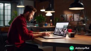 A man wearing a red flannel shirt working on designing a new website on his laptop.