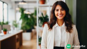 A woman smiling at the camera in the lobby of an office, waiting to go in for her job interview.