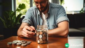 A man stacking up coins to put into a savings jar.
