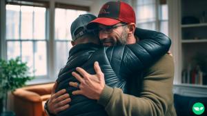 A father hugging his adult son in the living room.