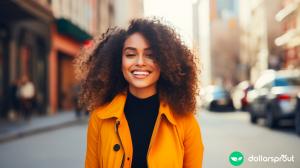 A woman on a city street that is dressed nicely and smiling at the camera.