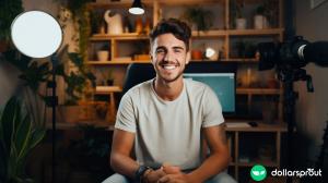 A YouTuber sitting in front of his studio and smiling at the camera.