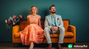 A classy married couple sitting on a couch but slightly facing away from each other. They have playful looks on their faces.