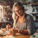 A middle aged woman sitting at her craft table.