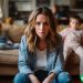 A stressed out mom sitting on her couch with her kids, with a frazzled look on her face as she worries about how she is going to pay her bills.