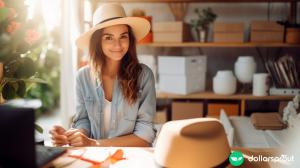 A woman that is setting up an online store to sell her stuff.