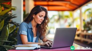 A freelance writer working on her computer in an outdoor cafe.