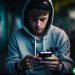 A teenager playing a video game on his phone.