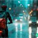 A DoorDash delivery worker riding his bike on a rainy Seattle day.