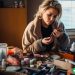 A blonde woman sitting at a table with extra makeup supplies everywhere.