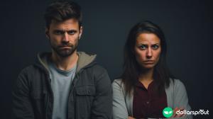 A couple in their late twenties looking at the camera with a look of disagreement on their faces.