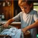 A 6 year old boy folding laundry