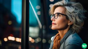 A middle-aged professional pondering a decision as she looks out a window down onto the city streets.