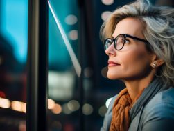 A middle-aged professional pondering a decision as she looks out a window down onto the city streets.