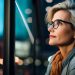 A middle-aged professional pondering a decision as she looks out a window down onto the city streets.