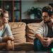 A young couple having a serious discussion about their finances while sitting on the couch