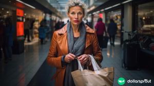 A somewhat ashamed woman in her early 40s with a shopping addiction, holding a bunch of shopping bags.