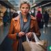 A somewhat ashamed woman in her early 40s with a shopping addiction, holding a bunch of shopping bags.