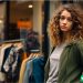 A woman standing outside looking into a clothing boutique with a sad look on her face.