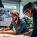 A UI/UX designer sketching out an idea for a website on a whiteboard in a well-lit but cozy office.