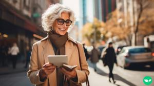 A photo of a middle aged woman holding her checkbook and walking down a city street.