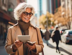 A photo of a middle aged woman holding her checkbook and walking down a city street.