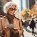 A photo of a middle aged woman holding her checkbook and walking down a city street.