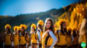 teenage cheerleaders on the field during a daytime football game at the beginning of the fall season.