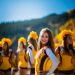 teenage cheerleaders on the field during a daytime football game at the beginning of the fall season.