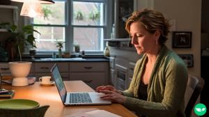 A woman in her mid 40s sitting at the dining room table with her laptop.