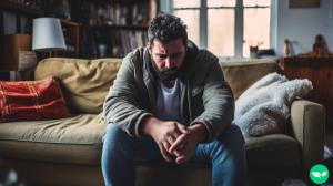 A depressed looking man sitting at home alone in his living room